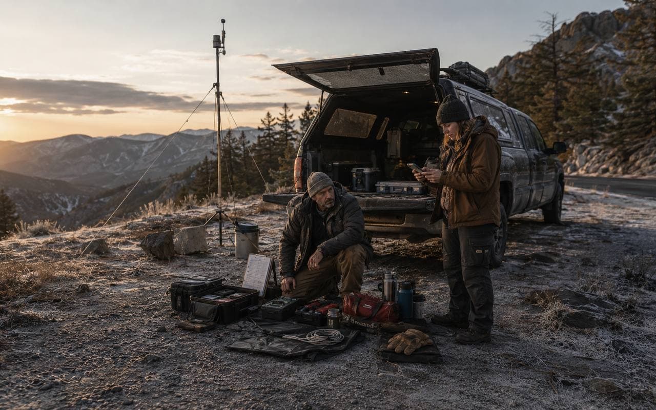 Off-gridders with solar panel and antenna on a mountain ridge