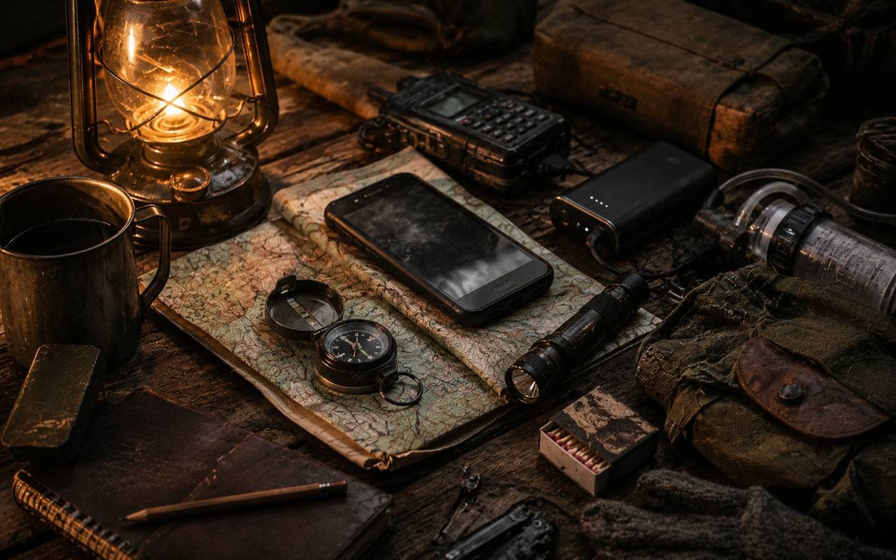 Prepper gear laid out by lantern light