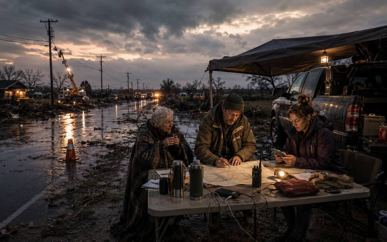 Field team reviewing a map and tablet at a truck in a storm